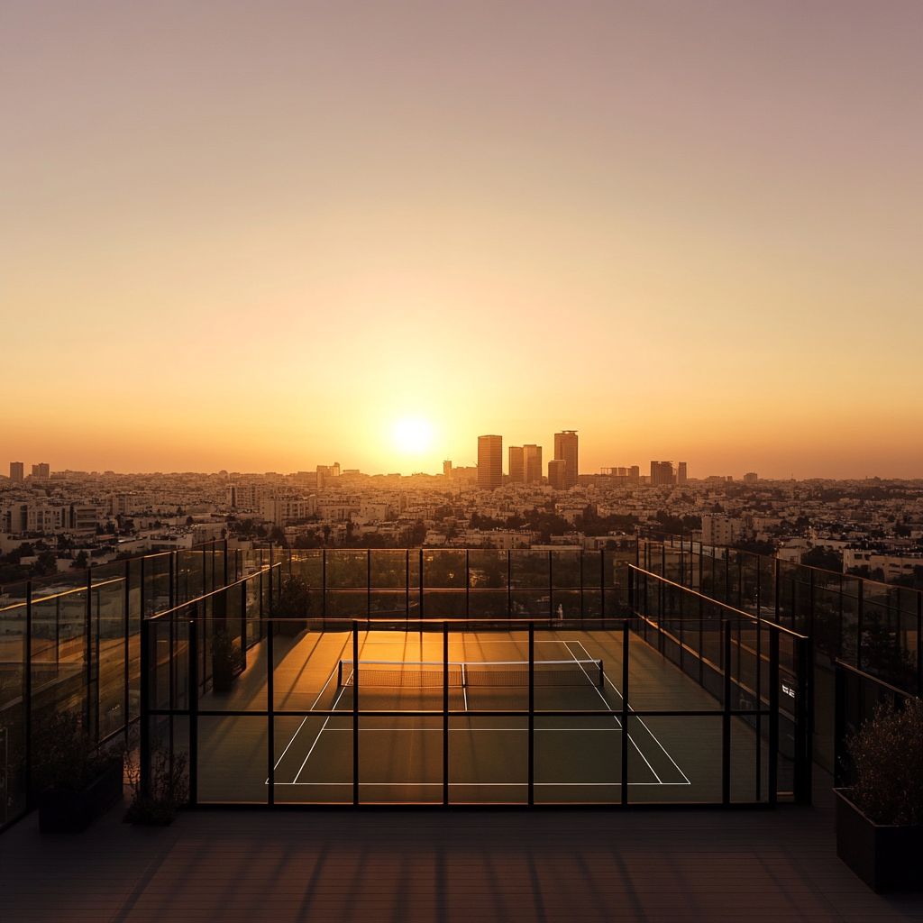Rooftop padel court at sunset